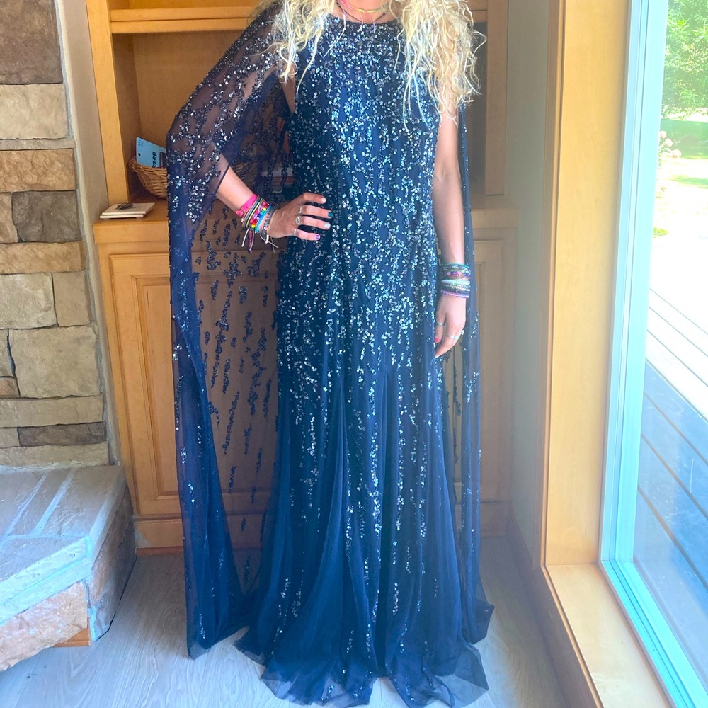 Paule KA Paris Navy Blue Sequin Floor Length Gown
